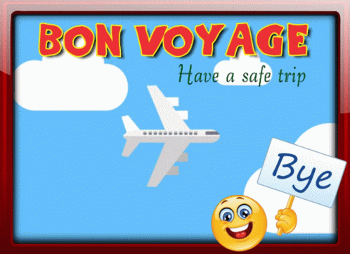 A Smiley Face Holds A Sign That Says Bye In Front Of An Airplane GIF