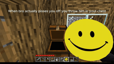 A Smiley Face In A Video Game With The Caption " When Bro Actually Pisses You Off You Throw Him In You Chest " GIF