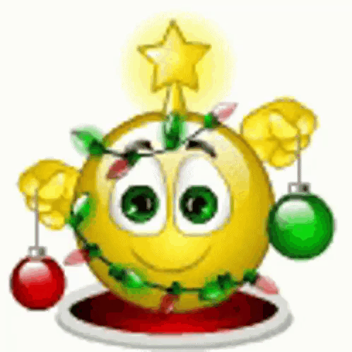 A Smiley Face Is Decorated Like A Christmas Tree With A Star On Top And Christmas Lights . GIF