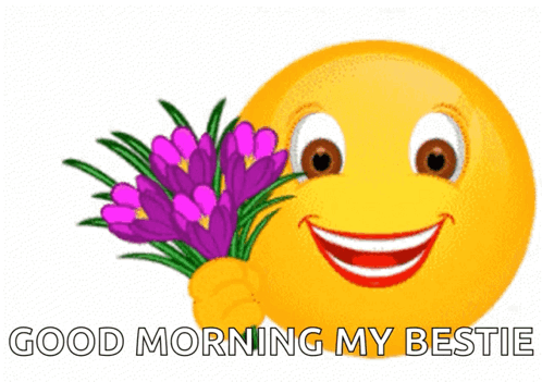 A Smiley Face Is Holding A Bouquet Of Purple Flowers And The Words Good Morning My Bestie Are Below It GIF