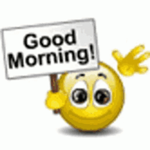 A Smiley Face Is Holding A Sign That Says Good Morning . GIF