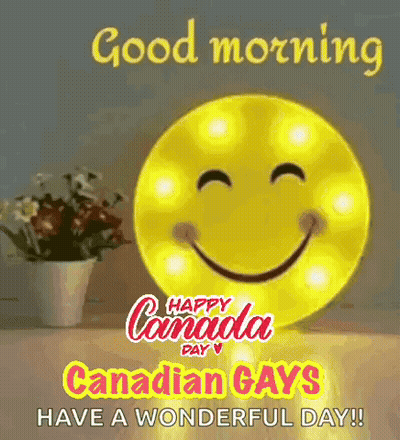 A Smiley Face Is Sitting On A Table Next To A Vase Of Flowers And A Lamp . GIF