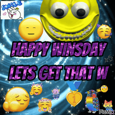 A Smiley Face Is Surrounded By Other Smiley Faces And The Words Happy Winsday Let 'S Get That W GIF