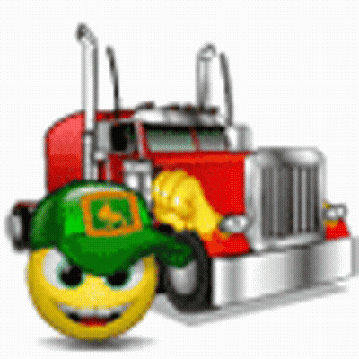 A Smiley Face Is Wearing A Green Hat And Standing Next To A Semi Truck . GIF