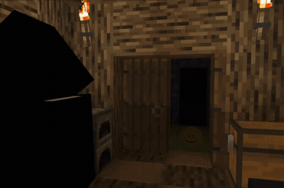 A Smiley Face Sits In A Dark Room In A Minecraft Game GIF