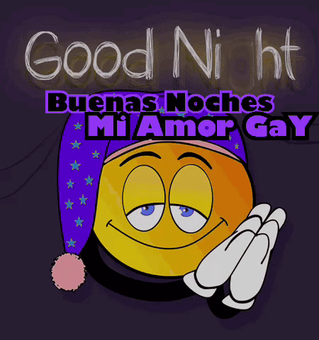A Smiley Face Wearing A Purple Hat Says Good Night In Spanish GIF