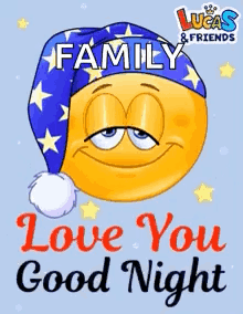 A Smiley Face Wearing A Sleep Hat With The Words Family Love You Good Night GIF