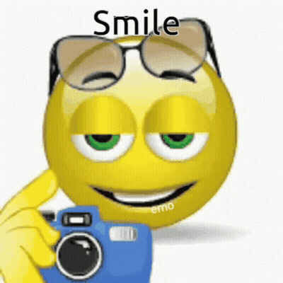A Smiley Face Wearing Glasses Is Taking A Picture With A Blue Camera . GIF