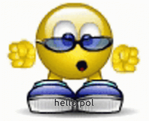 A Smiley Face Wearing Sunglasses And A Pair Of Blue Shoes Says Hello Pol GIF