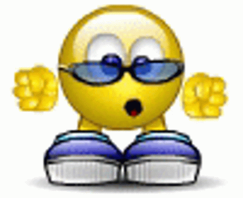 A Smiley Face Wearing Sunglasses And Blue Shoes GIF