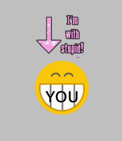 A Smiley Face With A Pink Arrow Pointing Down And The Words I 'M With Stupid GIF