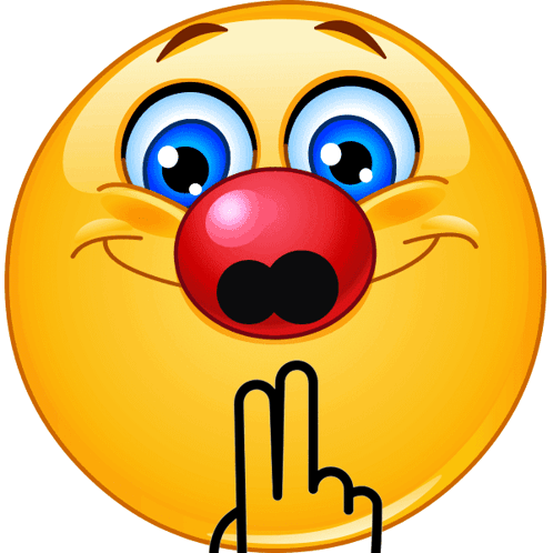 A Smiley Face With A Red Nose And A Finger Pointing To His Mouth GIF