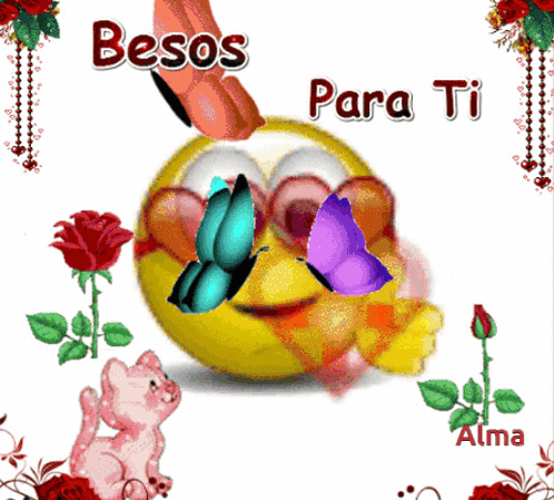 A Smiley Face With Butterflies In It 'S Eyes And The Words Besos Para Ti Above It GIF