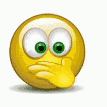 A Smiley Face With Green Eyes Is Holding A Red Heart In Its Hand . GIF