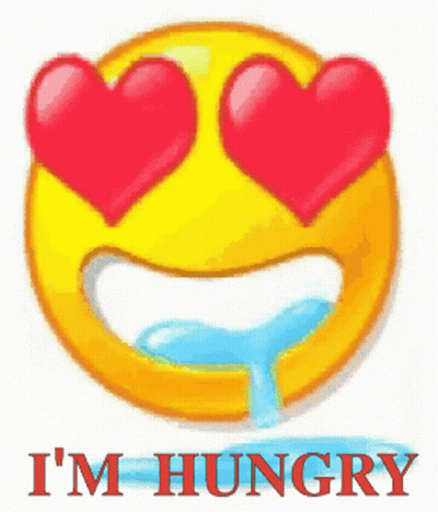 A Smiley Face With Red Hearts In Its Eyes And The Words I 'M Hungry Below It GIF