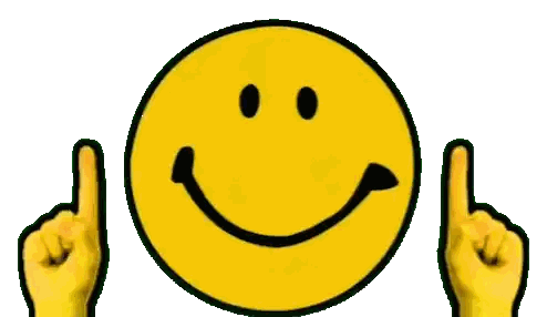 A Smiley Face With Two Hands Pointing Upwards Sticker