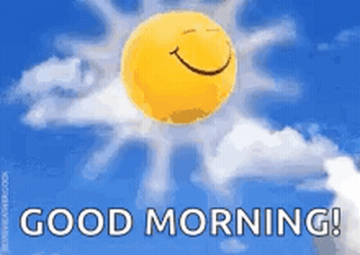 A Smiley Sun Is Flying Through The Clouds With The Words `` Good Morning '' Written Below It . GIF