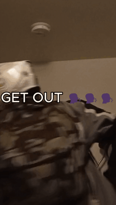 A Smoke Detector Is Above A Person With The Words Get Out Below Them GIF