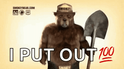 A Smokey Bear Holding A Shovel With The Words I Put Out 100 GIF