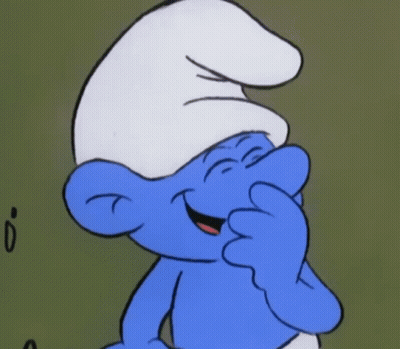 A Smurf Covering His Face With His Hand While Smiling GIF