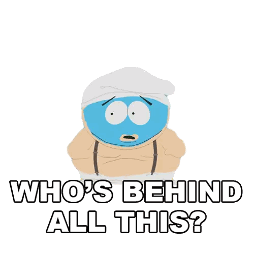 A Smurf From South Park Says " Who 'S Behind All This ? " Sticker