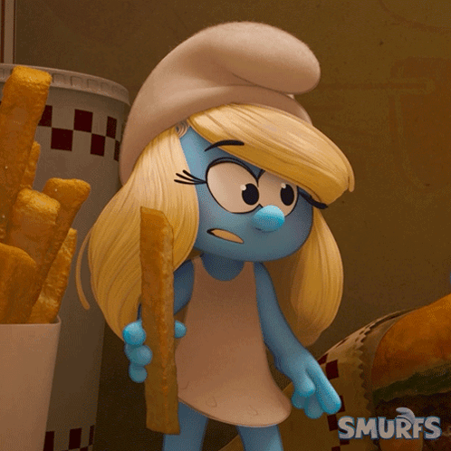 A Smurf Holding A Piece Of Cheese Next To A Hamburger GIF