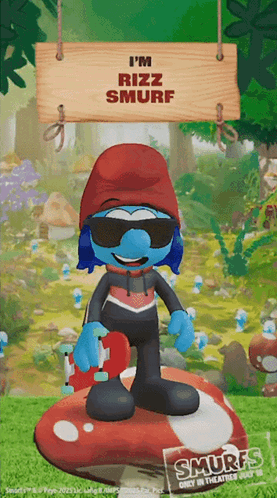 A Smurf Holding A Skateboard And A Sign That Says I 'M Rizz Smurf GIF