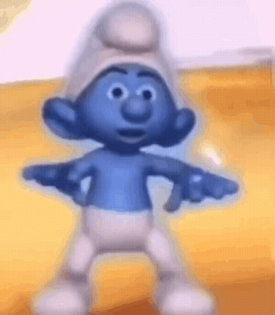 A Smurf Is Dancing With His Arms Outstretched And Wearing A Hat . GIF