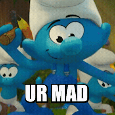 A Smurf Is Holding A Banana And The Word Ur Mad Is Below Him GIF