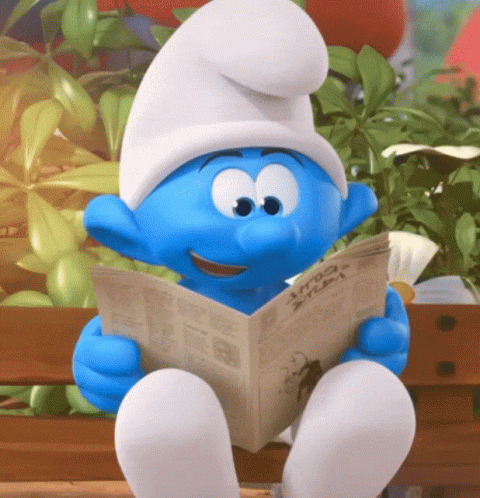 A Smurf Is Reading A Newspaper With The Words " Vroom Vroom " Written On It GIF