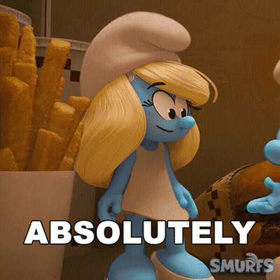 A Smurf Is Standing In Front Of A Bucket Of French Fries And A Sign That Says Absolutely GIF