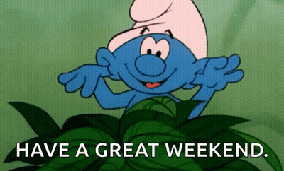 A Smurf Says Have A Great Weekend On A Green Background GIF