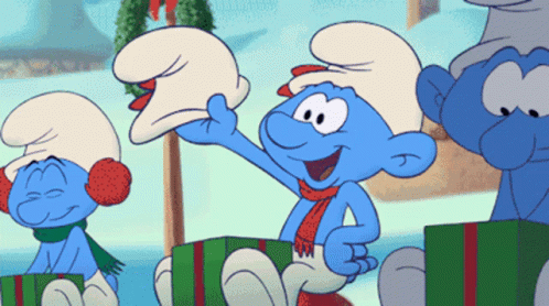 A Smurf Wearing A Scarf And Ear Muffs Holds A Hat GIF