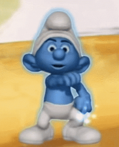 A Smurf Wearing A White Hat Is Holding A Blue Object In His Hand GIF