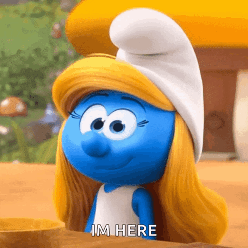 A Smurf With Blonde Hair And A White Hat Says " Im Here " GIF