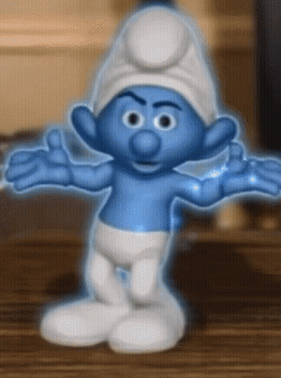A Smurf With His Arms Outstretched And A White Hat GIF
