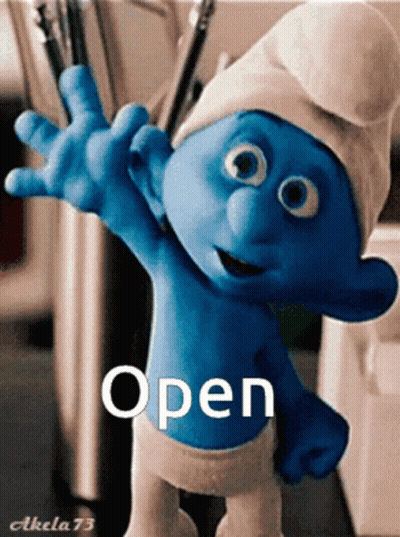 A Smurf With The Word Open Written On The Bottom Of It GIF
