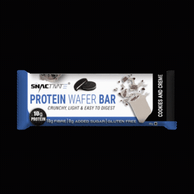 A Snackmate Protein Wafer Bar With Cookies And Creme On It GIF