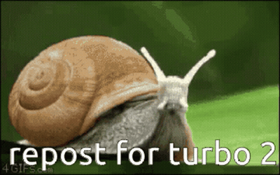 A Snail Is Crawling On A Green Leaf With The Words Repost For Turbo 2 Below It GIF