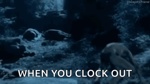 A Snake Is Crawling On The Ground In The Water With The Words `` When You Clock Out '' Written Below It . GIF