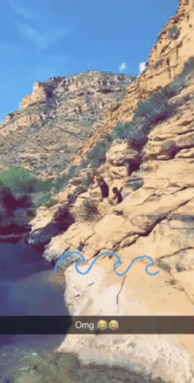 A Snapchat Of A Person Jumping Off A Cliff With The Word Omg Below GIF