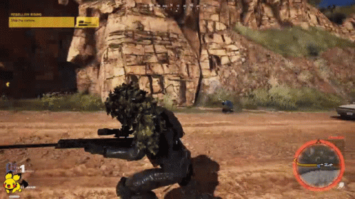 A Sniper In A Video Game Is Kneeling Down In Front Of A Rocky Cliff GIF