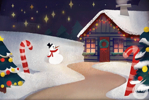 A Snowman And Candy Canes Are In Front Of A House GIF
