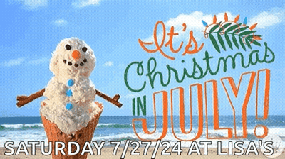 A Snowman In An Ice Cream Cone With The Words " It 'S Christmas In July " GIF