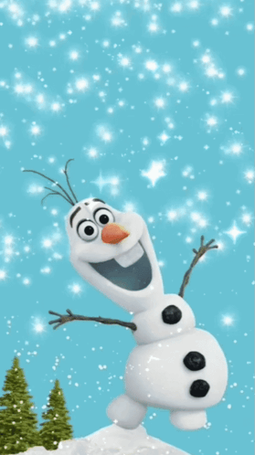 A Snowman Is Standing In The Snow With A Blue Background GIF