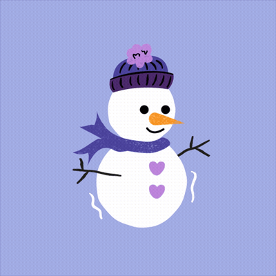 A Snowman Wearing A Purple Hat And Scarf With Hearts On It GIF