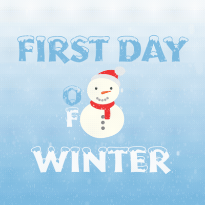 A Snowman Wearing A Santa Hat And Scarf And The Words First Day Of Winter GIF