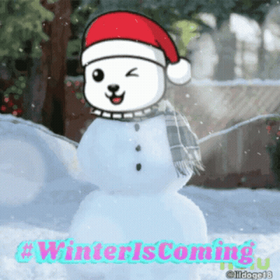 A Snowman Wearing A Santa Hat And Scarf With The Words Winter Is Coming Below Him GIF