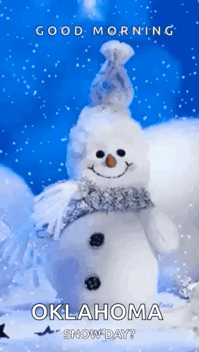 A Snowman Wearing A Scarf And Hat Is Standing In The Snow With The Words `` Good Morning Oklahoma Snow Day '' . GIF