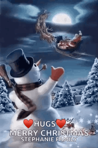A Snowman Wearing A Top Hat And Scarf Is Standing In Front Of A Sleigh With Santa In It . GIF